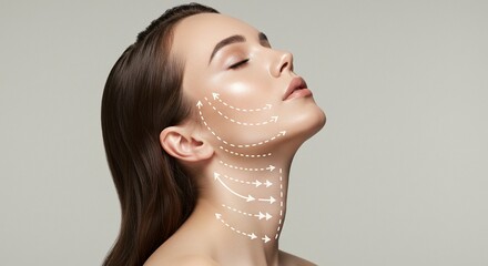 A serene portrait showing a woman's face and neck with animated arrows suggesting a facelift or massage technique.