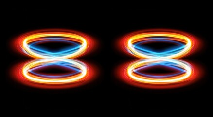Two glowing, stylized number eights. Concentric, intertwined, vibrant, orange and blue light trails against a black background