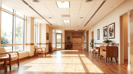 Fototapeta premium Bright and Airy Hospital Corridor with Natural Light and Comfortable Seating