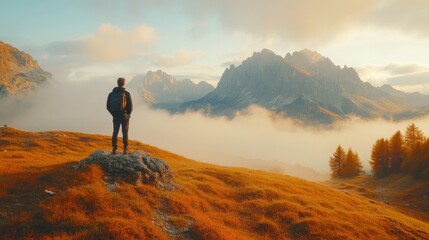 Obraz premium Hiker gazing at majestic mountains during sunset in nature