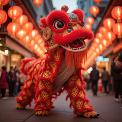 Obraz premium vibrant lion dance costume stands out in festive street adorned with red lanterns, creating lively atmosphere
