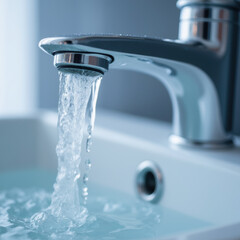 modern faucet with flowing water creates refreshing atmosphere in clean sink. shiny chrome finish adds elegance to bathroom or kitchen space