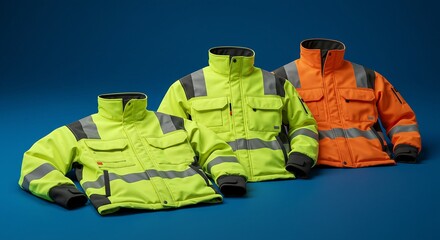 Three high-visibility safety jackets in fluorescent yellow and orange, featuring reflective stripes, suitable for outdoor work.