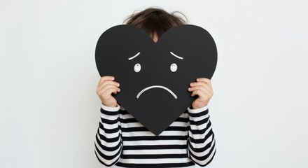 AI image shows a child holding a large black heart with a sad face, symbolizing childhood sadness and emotional pain.
