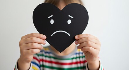 AI image of a child holding a black paper heart with a sad face drawn on it, obscuring their face.