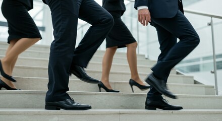 Legs and feet of businesspeople walking up stairs symbolize progress, ambition, and teamwork in the workplace.