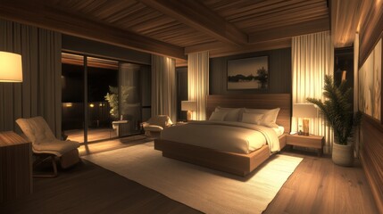 Fototapeta premium Cozy modern bedroom at night with warm lighting and plants