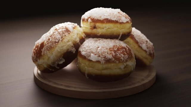Looping animation around a composition of European classic donuts lying on a wooden board. Loop motion. Defocus. Close-up.