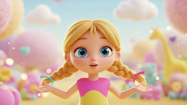Adorable cartoon girl with braids in dreamy candyland — concept of childhood wonder and International Children’s Day