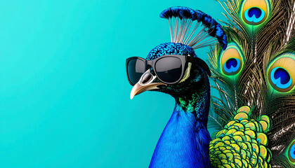 Pop art style peacock with colorful feather details, wearing stylish sunglasses, bright blue