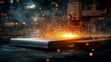 A nighttime view of a metalworking plant where a glowing red steel sheet is rolling through powerful industrial equipment with sparks and heat radiating from the workshop