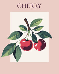 Interior poster with abstract fruits. Trendy contemporary wall art with cherry. Modern naive groovy interior painting in calm, juicy shades of pink, red, green. Hand drawn vector art illustration