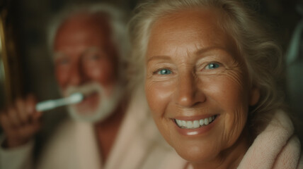 Senior woman smiling during morning hygiene routine in the bathroom