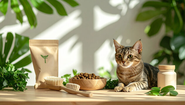 Eco-friendly pet products displayed on a natural wooden table, including biodegradabl 