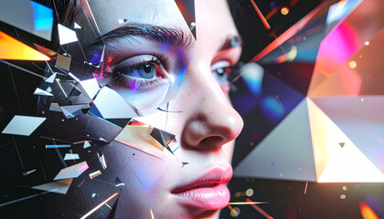 Surreal abstract illustration showing a fragmented human face merging with angular 
