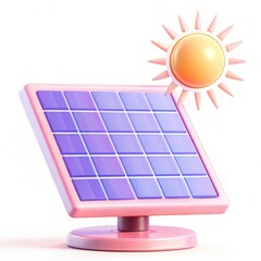 A colorful 3D illustration of a solar panel with a sun in the background, showcasing modern renewable energy design.
