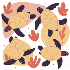 Colorful sea turtles swimming ocean environment digital art underwater view marine life concept