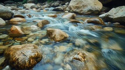 Serene mountain stream flowing over smooth stones and rocks in the forest