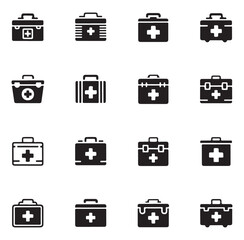Set of black first aid kit icons with a medical cross symbol on each.