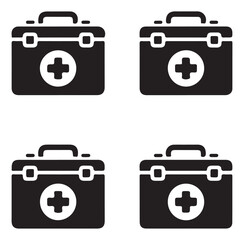 Set of black first aid kit icons with a medical cross symbol on each.