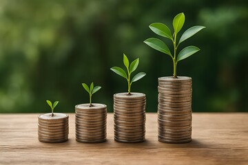 Growth of Investment Concepts with Coins and Green Plants Symbolizing Profit