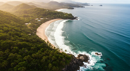 Obraz premium Serene Coastal Landscape with Gentle Waves and Lush Greenery