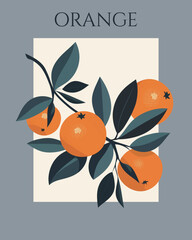 Interior poster with abstract fruits. Trendy contemporary wall art with oranges. Modern naive groovy interior painting in calm, juicy shades of orange, beige, green. Hand drawn vector art illustration