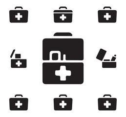 Set of black first aid kit icons with a medical cross symbol on each.