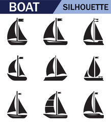 Various black  sailboat silhouettes set on a white background, featuring different sailing positions and boat styles.
