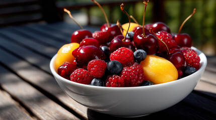 A bowl filled with cherries raspberries blueberries and yellow plums
