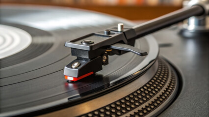 Turntable with stylus gently resting vinyl record creates nostalgic atmosphere, perfect for music lovers who appreciate art