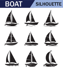 Various black  sailboat silhouettes set on a white background, featuring different sailing positions and boat styles.