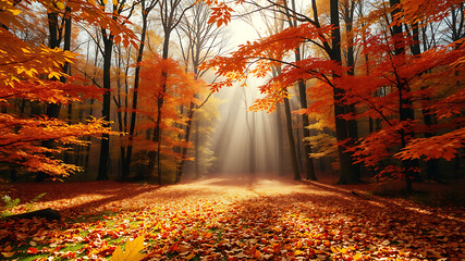 Sunbeams Illuminate Autumn Forest Path with Vibrant Red and Gold Leaves