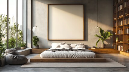 Modern Office Interior with Cubicles – Wooden Furniture, Glass Walls, Minimalist Decor, Large Blank Wall Frame, Natural Sunlight and Indoor Plants for Stylish Contemporary Workspace Design Inspiration
