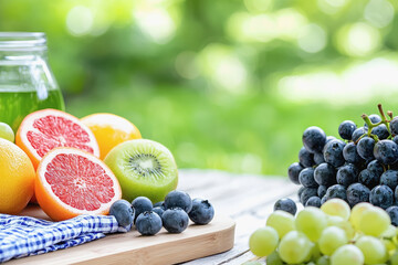 Freshly cut fruits on a wooden cutting board with a jar of juice ready for a romantic picnic in the outdoors