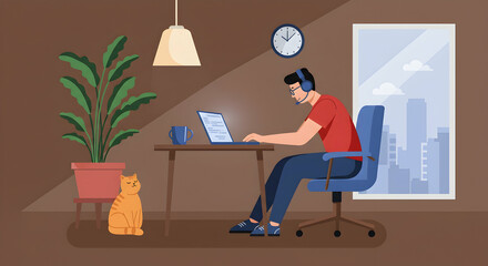 Cozy Home Office with Cat, Laptop, and Plant in Modern Interior