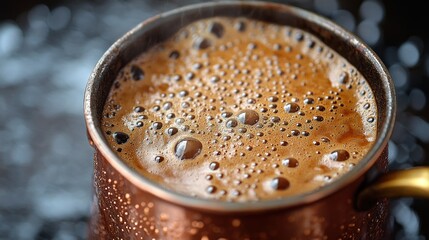 Hot, frothy coffee in a copper pot