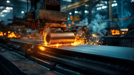Naklejka premium Glowing steel coils are being automatically processed and wrapped on a production line in a dimly lit industrial manufacturing facility with overhead lighting providing a copy space above