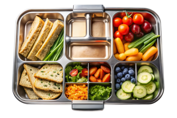A lunchbox with compartments open to show empty, isolated on a transparent background