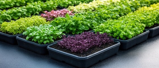 Assorted seedlings of leafy greens and herbs growing in black plastic trays on a nursery table for gardening and planting preparation