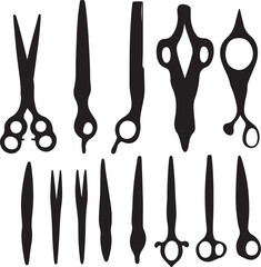 Black Silhouettes of Hairdressing Scissors and Tools, Vector Art