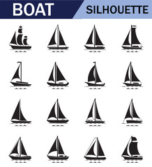 Various black  sailboat silhouettes set on a white background, featuring different sailing positions and boat styles.