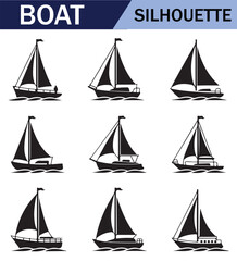 Various black  sailboat silhouettes set on a white background, featuring different sailing positions and boat styles.