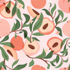 Peach tropical seamless pattern. Fruit summer background. 