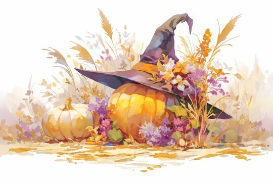 High-resolution, hyper-realistic watercolor illustration featuring a witch hat, pumpkins, and wild flowers in muted pastel tones, set against a clean white background. This detailed artwork captures t