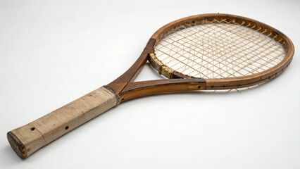 A vintage wooden tennis racket with a warm brown frame and worn striped leather grip rests against a textured white wall on a white surface, evoking a retro sports feel.