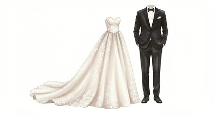 Elegant wedding attire: A flowing gown with delicate lace details paired with a classic black tuxedo for a sophisticated celebration.