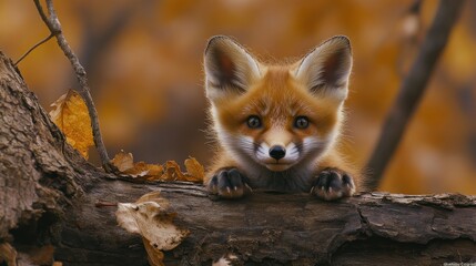 Fototapeta premium Cute red fox kit peeking through fallen leaves