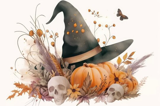 High-resolution, hyper-realistic watercolor illustration featuring a witch hat, pumpkins, and wild flowers in muted pastel tones, set against a clean white background. This detailed artwork captures t