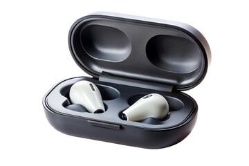 A pair of earbuds in a charging case opened, isolated on a transparent background.
